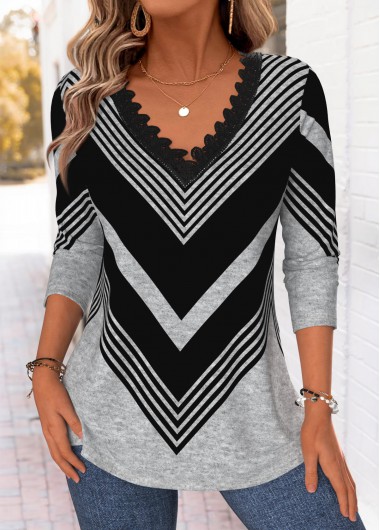 women clothes image of Black Geometric Print Curved Hem Long Sleeve T Shirt