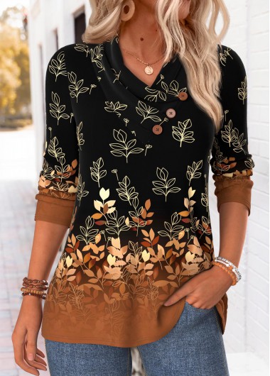 women clothes image of Multi Color Leaf Print Asymmetry Long Sleeve Sweatshirt