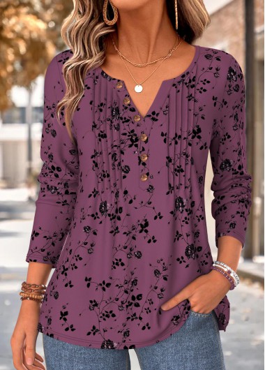 women clothes image of Dark Reddish Purple Floral Print Tuck Stitch T Shirt