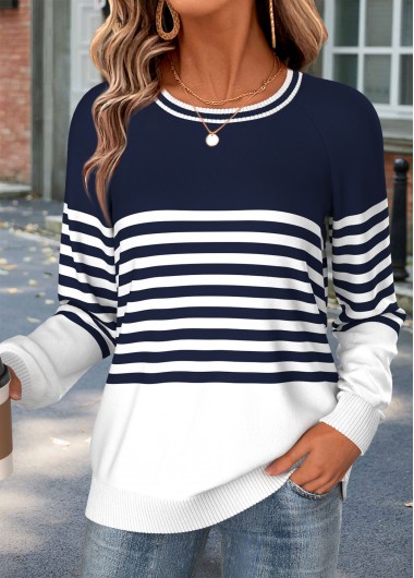 women clothes image of Navy Striped Belted Long Sleeve Round Neck Sweatshirt
