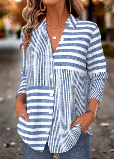 women clothes image of Blue Striped Button Long Sleeve Shirt