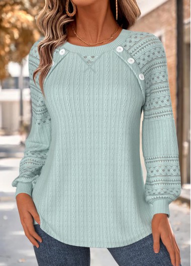 women clothes image of Green Button Long Sleeve Round Neck Sweatshirt