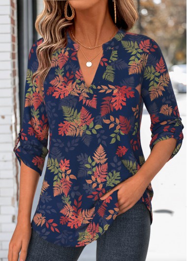 women clothes image of Multi Color Leaf Print Curved Hem 3/4 Sleeve Shirt