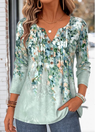 women clothes image of Green Floral Print Tuck Stitch Long Sleeve T Shirt