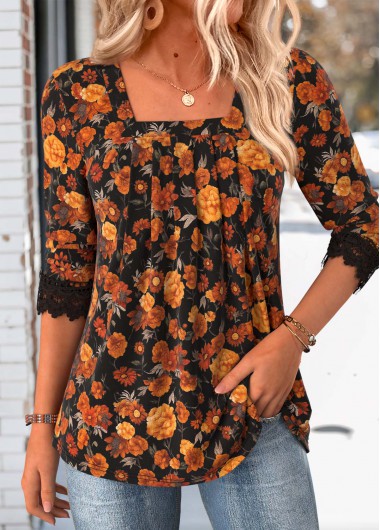 women clothes image of Orange Floral Print Pleated Long Sleeve T Shirt