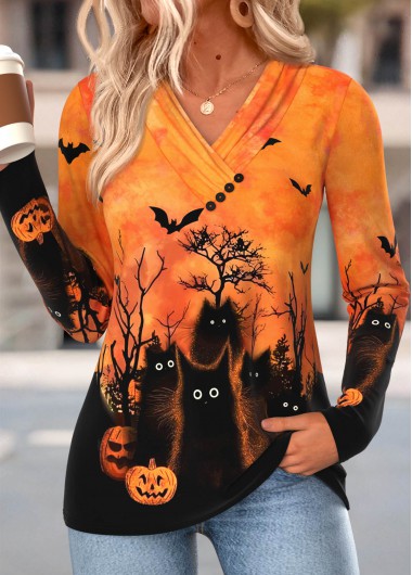 women clothes image of Halloween Orange Shirred Long Sleeve V Neck T Shirt