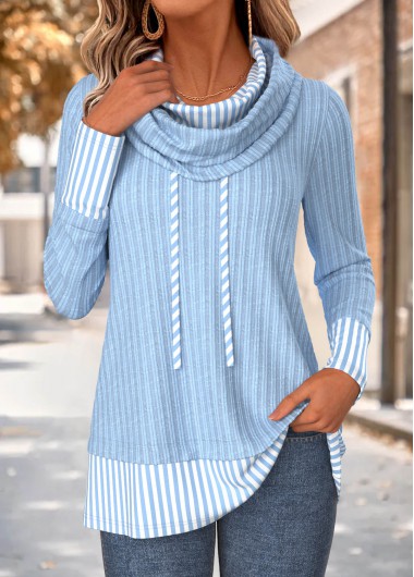 women clothes image of Light Blue Striped Fake 2in1 Long Sleeve Sweatshirt