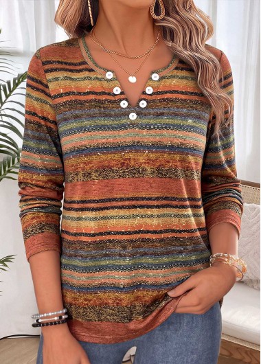 women clothes image of Multi Color Striped Tummy Coverage Long Sleeve T Shirt