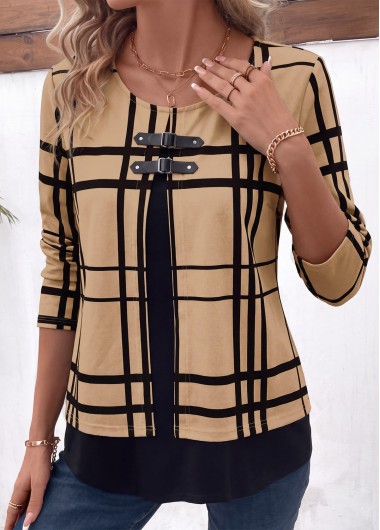 women clothes image of Light Coffee Plaid Layered Fake Two Piece Twinset