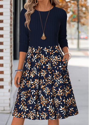 women clothes image of Navy Leaf Print Tummy Coverage Long Sleeve Dress