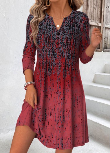 women clothes image of Deep Red Tribal Print Short Tuck Stitch Dress