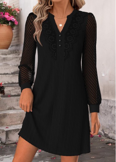 women clothes image of Black Patchwork Long Sleeve Split Neck Dress