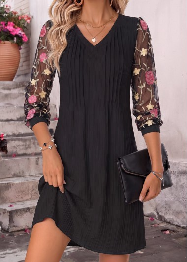 women clothes image of Black Short Patchwork Long Sleeve V Neck Dress