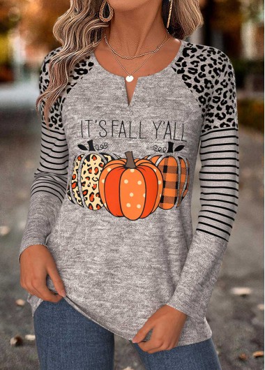 women clothes image of Halloween Gray Brown Curved Hem Long Sleeve T Shirt