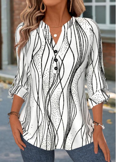women clothes image of White Striped Curved Hem Long Sleeve Split Neck Shirt