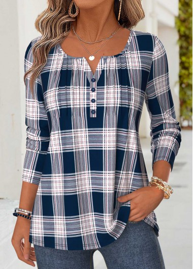 women clothes image of Blue Plaid Curved Hem Long Sleeve T Shirt