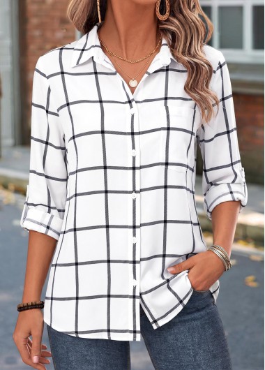 women clothes image of White Plaid Tummy Coverage 3/4 Sleeve Shirt