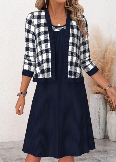 women clothes image of Navy Plaid Two-piece Long Sleeve Dress and Cardigan