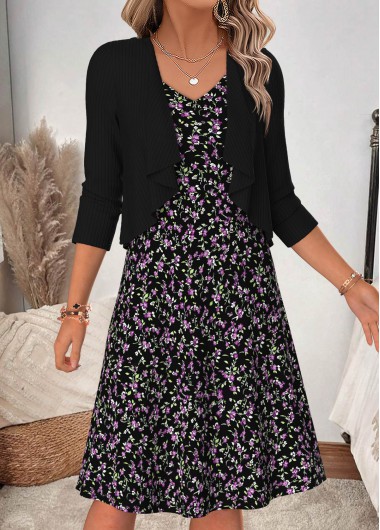 women clothes image of Black Ditsy Floral Print Two-piece Dress and Cardigan