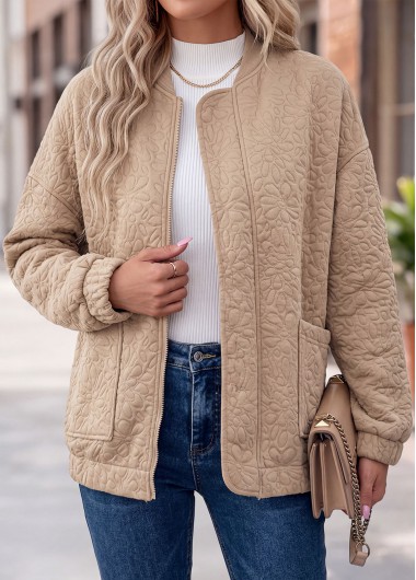 women clothes image of Light Camel Patch Pocket Long Sleeve Round Neck Jacket