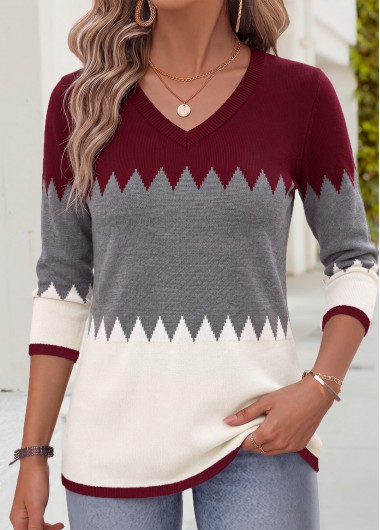 women clothes image of Wine Red Geometric Print Curved Hem T Shirt