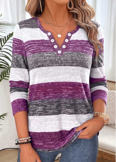 women clothes image of Purple Striped Shirred Long Sleeve Split Neck T Shirt