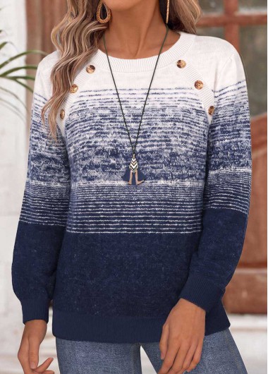 women clothes image of Navy Striped Tummy Coverage Long Sleeve Round Neck Sweatshirt