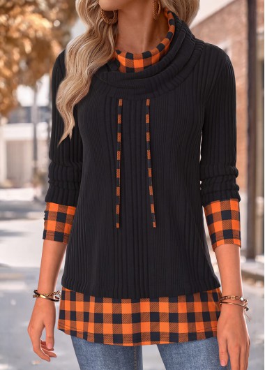women clothes image of Black Tummy Coverage Plaid Long Sleeve Cowl Neck Sweatshirt