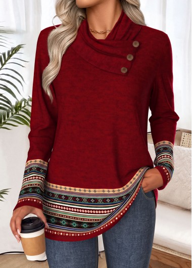 women clothes image of Wine Red Tribal Print Curved Hem T Shirt