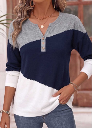 women clothes image of Navy Geometric Print Curved Hem Long Sleeve T Shirt