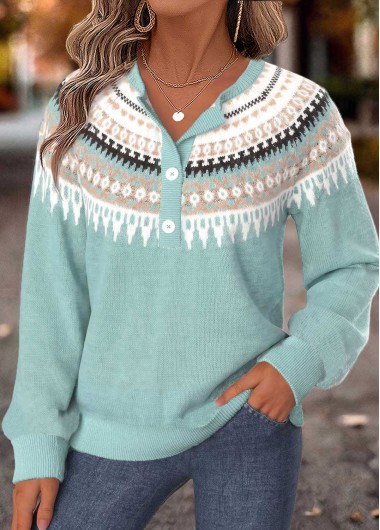 women clothes image of Mint Green Fair Isle Print Tummy Coverage Sweatshirt