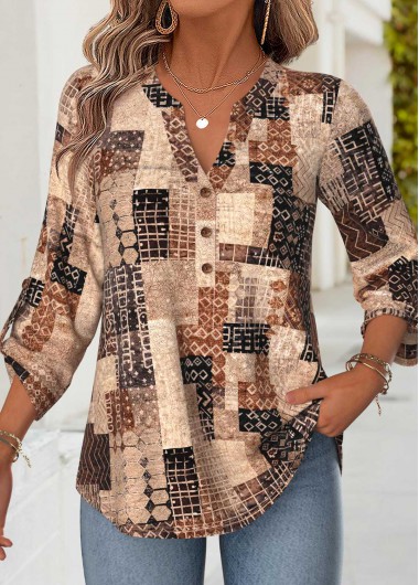 women clothes image of Dark Coffee Geometric Print Tummy Coverage Bracelet Sleeve Blouse