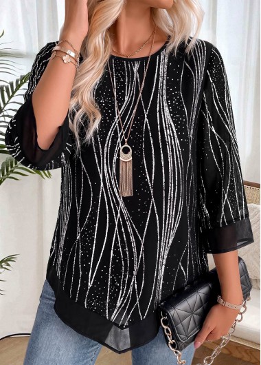 women clothes image of Black Striped Double Lined 3/4 Sleeve Round Neck Blouse