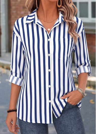 women clothes image of Blue Striped Tummy Coverage 3/4 Sleeve Shirt