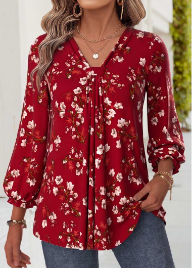 women clothes image of Wine Red Floral Print Patchwork Bracelet Sleeve Blouse