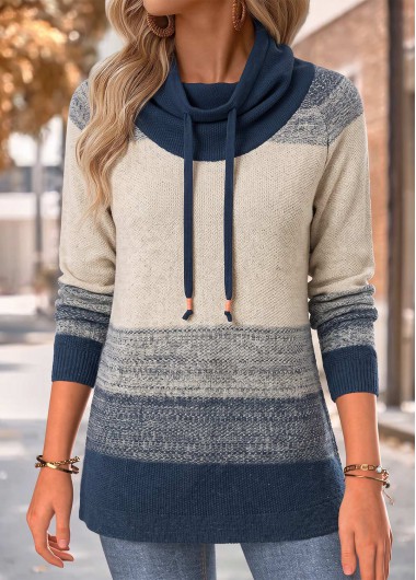 women clothes image of Blue Geometric Print Long Sleeve Cowl Neck Sweatshirt