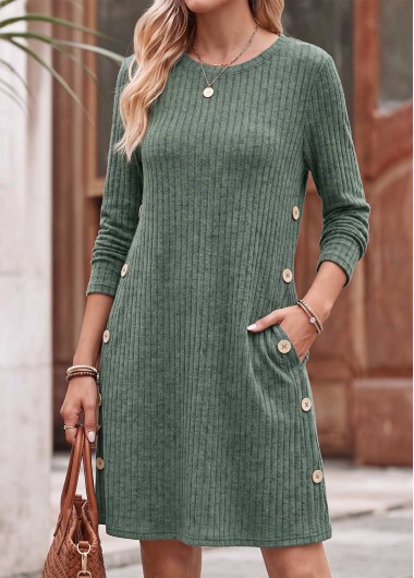 women clothes image of Sage Green Short Double Side Pockets Long Sleeve Dress