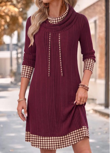women clothes image of Red Plaid Short Patchwork Long Sleeve Cowl Neck Dress
