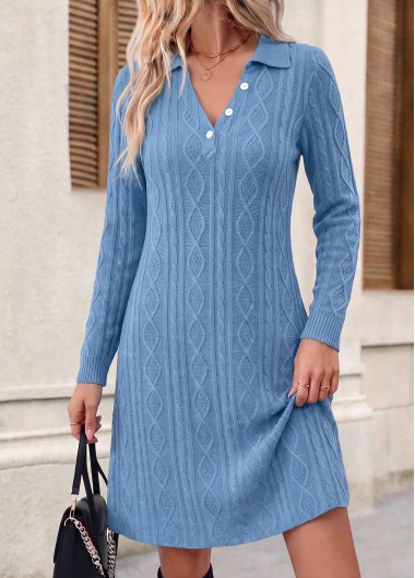 women clothes image of Blue Short Tummy Coverage Long Sleeve Shirt Collar Dress