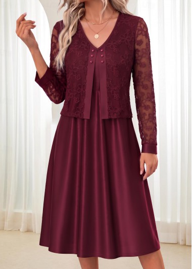 women clothes image of Wine Red Fake 2in1 Long Sleeve V Neck Dress