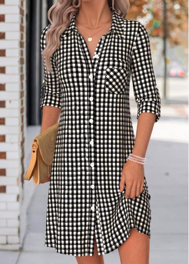 women clothes image of Black Plaid Short Tummy Coverage Long Sleeve Dress