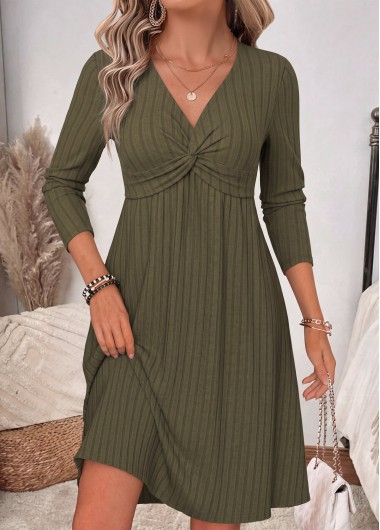 women clothes image of Olive Green Short Twist V Neck Dress