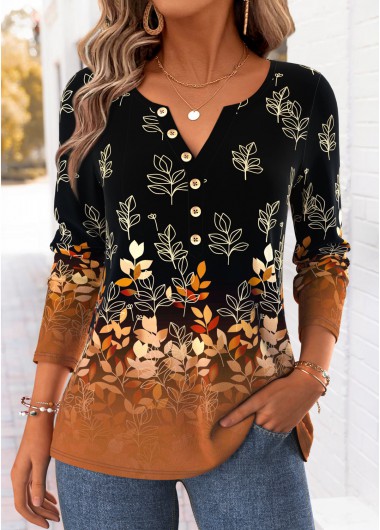 women clothes image of Dark Camel Leaf Print Curved Hem T Shirt
