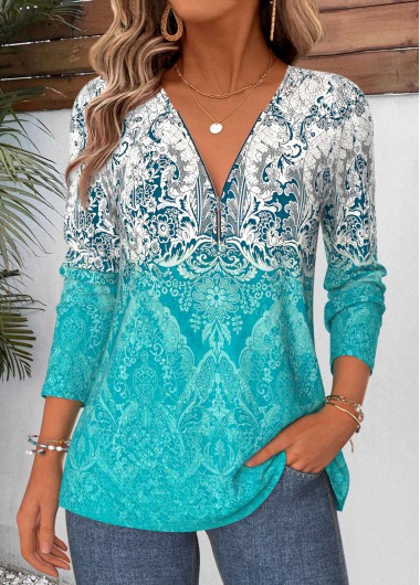 women clothes image of Cyan Tribal Print Curved Hem Long Sleeve T Shirt