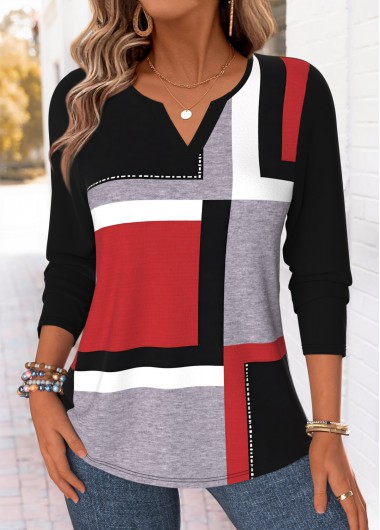 women clothes image of Black Geometric Print Tummy Coverage Long Sleeve T Shirt