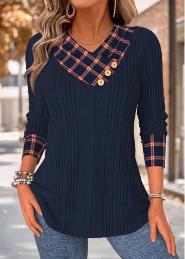 women clothes image of Navy Plaid Patchwork Long Sleeve Asymmetrical Neck Sweatshirt