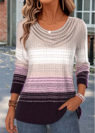 women clothes image of Multi Color Ombre Long Sleeve Cowl Neck T Shirt