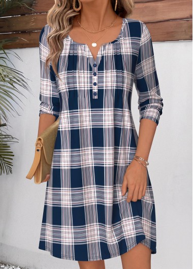 women clothes image of Navy Plaid Tuck Stitch Long Sleeve Split Neck Dress