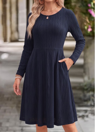 women clothes image of Navy Tummy Coverage Long Sleeve Round Neck Dress