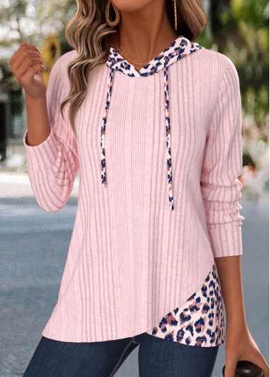 women clothes image of Pink Leopard Cross Hem Long Sleeve Hoodie